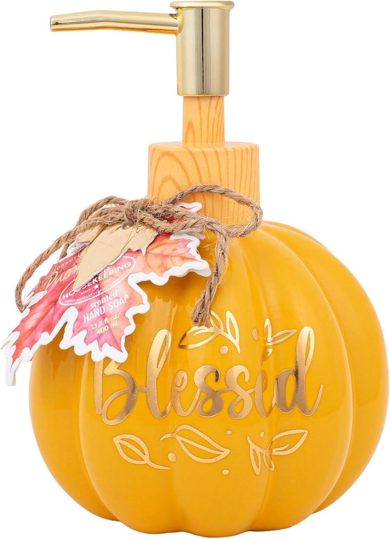 simple pleasures Grateful Pumpkin Spice Scented Liquid Hand Soap Dispenser - Autumn & Halloween Ceramic Novelty Decorative Refillable Hand Pump for Kitchen Countertops and Bathroom Sinks - Image 1